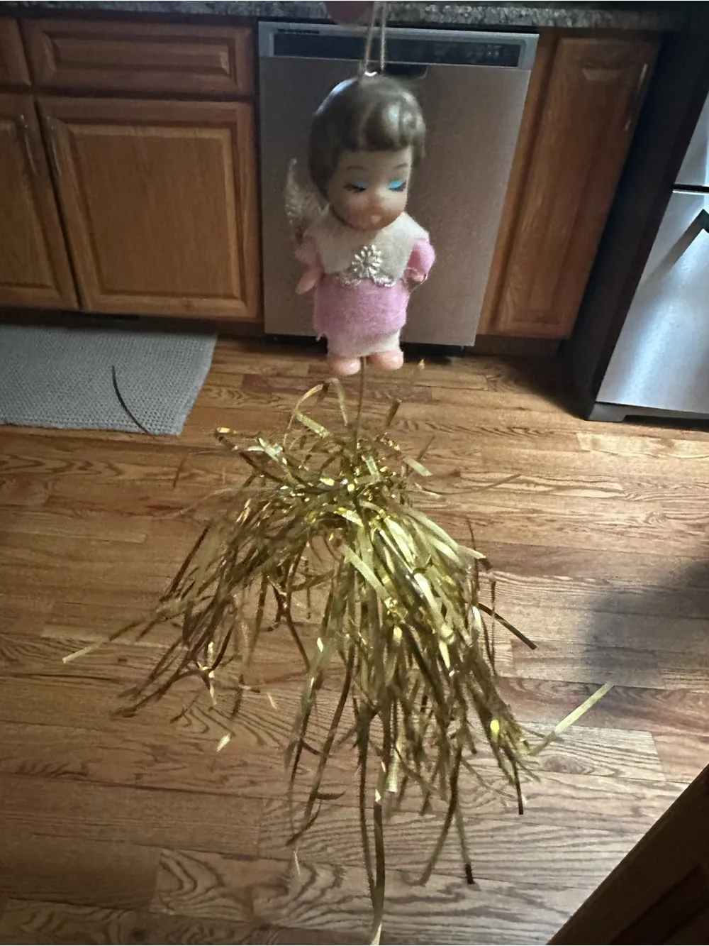 Vintage MCM Atomic Fountain Pink Angel Ornament with Gold Tinsel *READ*